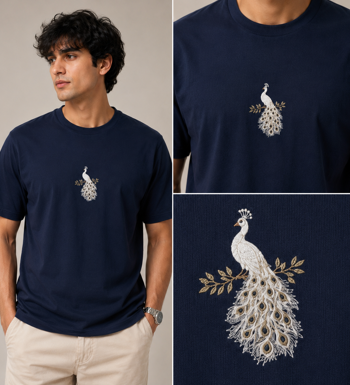 White Peacock Embroidered Cyan T-Shirt