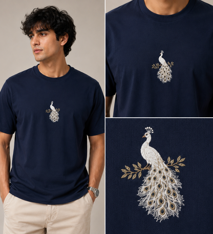White Peacock Embroidered Cyan T-Shirt