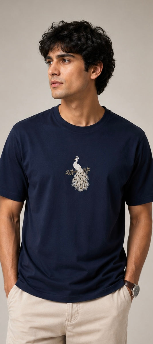 White Peacock Embroidered Cyan T-Shirt