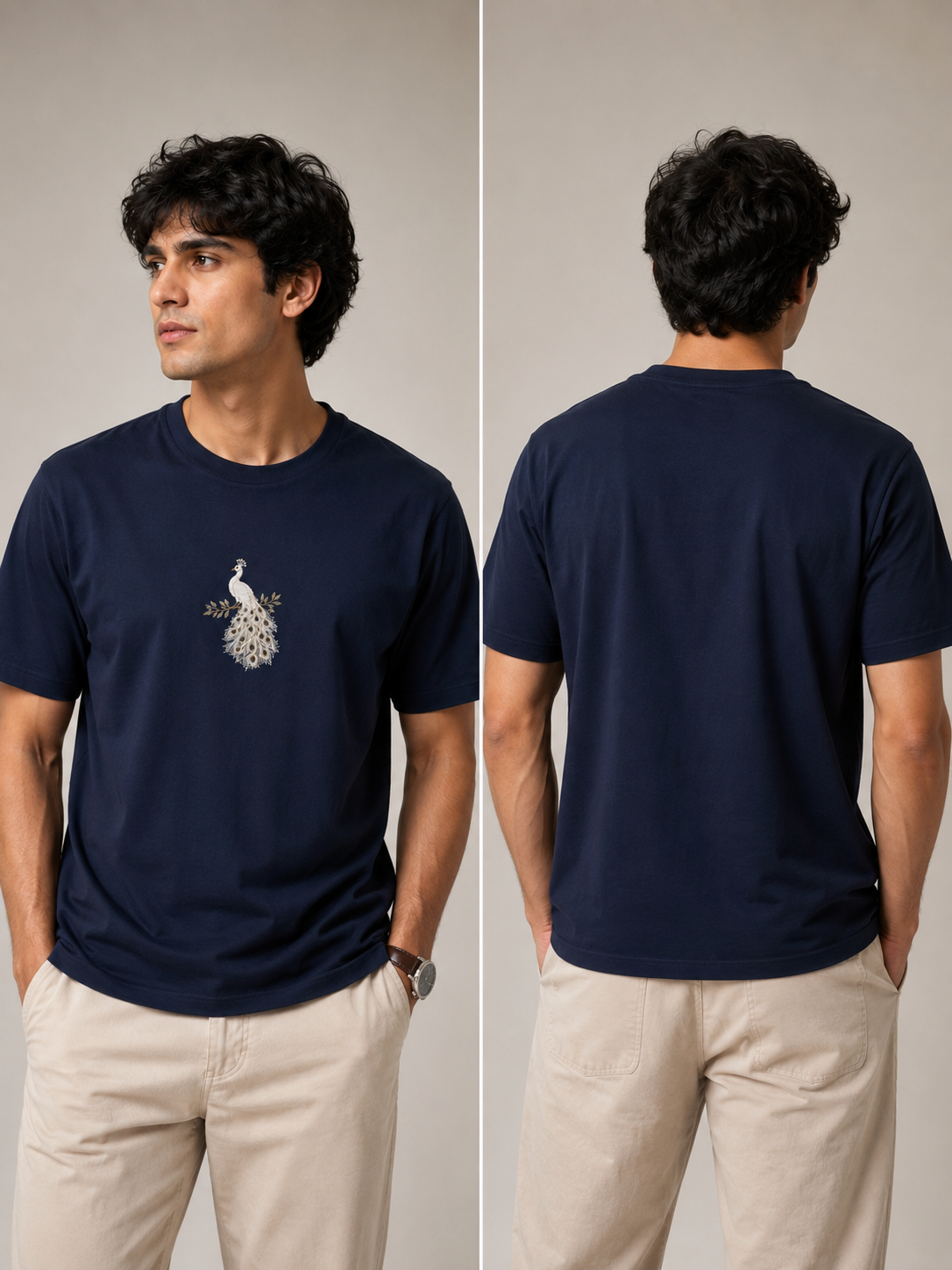 White Peacock Embroidered Cyan T-Shirt