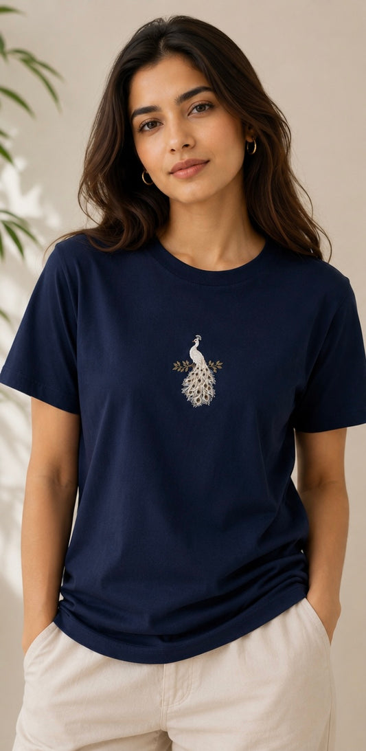 CYAN - RARE WHITE PEACOCK EMBROIDERED TSHIRT